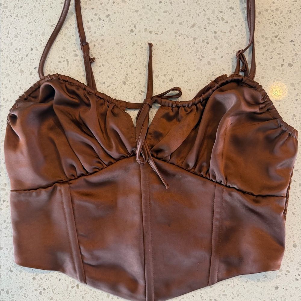 Kendall & Kylie Chocolate Brown Shirred Crop Top S